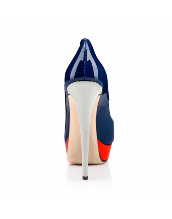 Retro Blue Peep Toe Stiletto Pumps with Red Platform