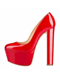 Red Platform Round Toe Pumps Chunky Heels Pumps