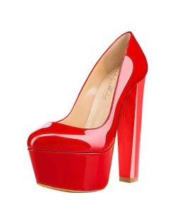 Red Platform Round Toe Pumps Chunky Heels Pumps