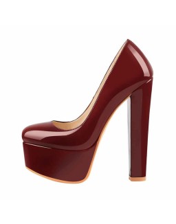Red Brown Round Toe Pumps Classic Platform Chunky Heels