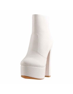 White Fine Weave Pattern Platform Chunky Heel Ankle Boots