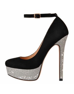 Silver Platform Round Toe Stiletto Heels Buckle Strap Pumps