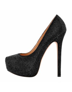 Black Platform Glitter Round Toe Stilettos Pumps