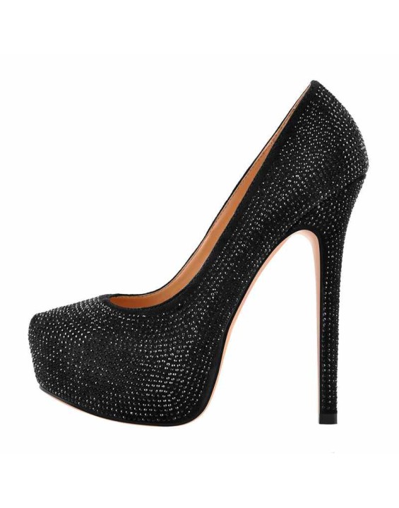 Black Platform Glitter Round Toe Stilettos Pumps