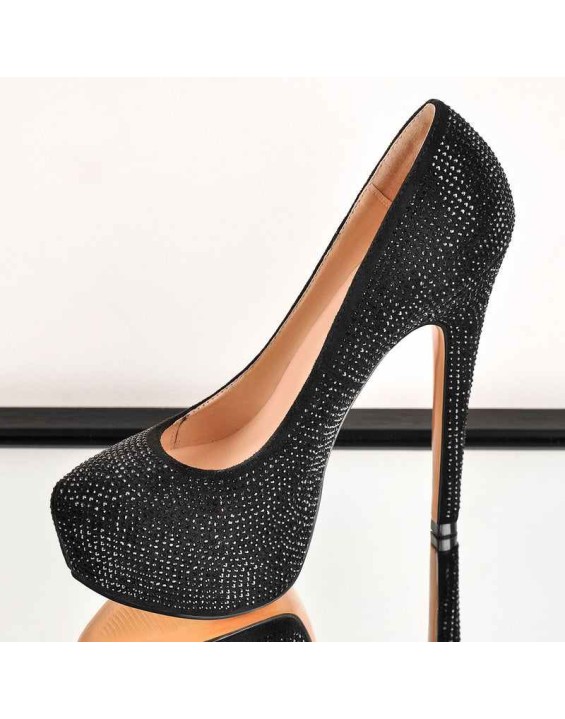 Black Platform Glitter Round Toe Stilettos Pumps