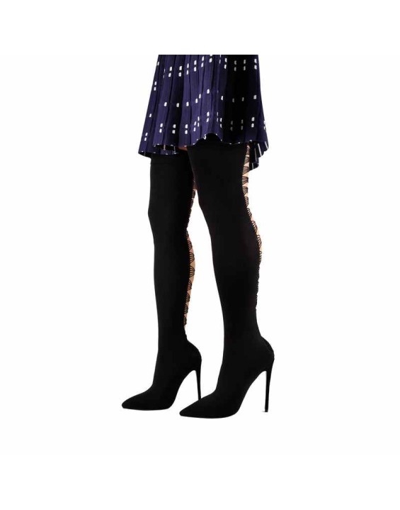 Thigh High Pointy Toe Stiletto Stretch Back Hollow Out Stocking Booties