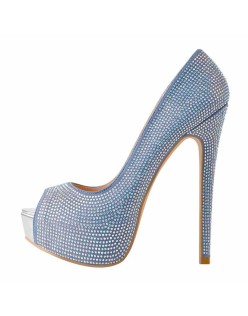 Blue Rhinestone Peep Toe Platform Stiletto High Heel Sandals