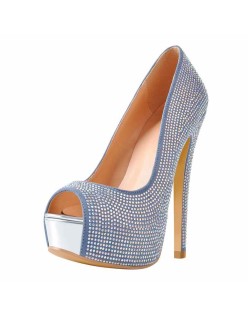 Blue Rhinestone Peep Toe Platform Stiletto High Heel Sandals