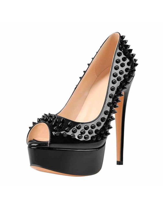 Peep Toe Platform Rivets High Heels Pumps