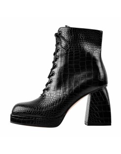 Black Square Chunky Heels Ankle Strap Platform Boots