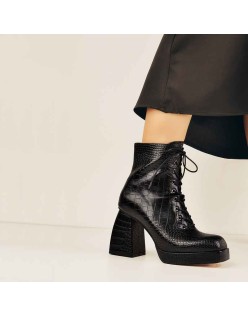 Black Square Chunky Heels Ankle Strap Platform Boots