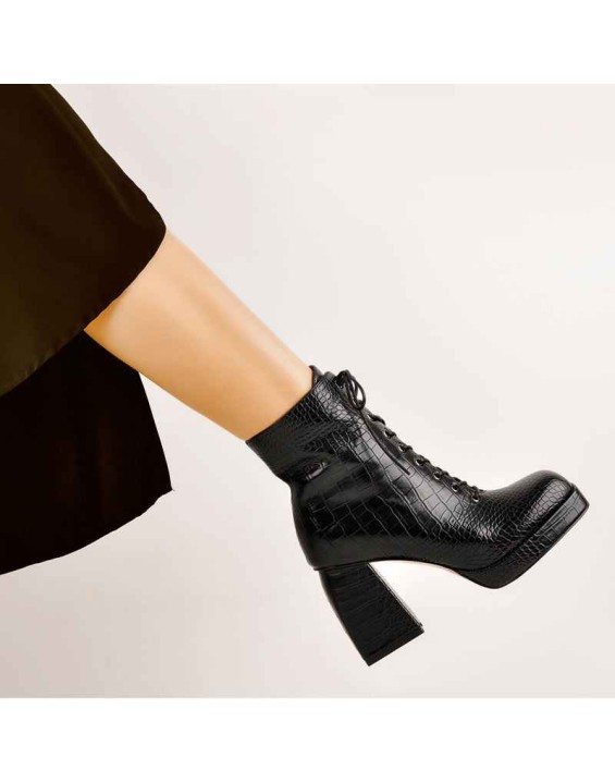 Black Square Chunky Heels Ankle Strap Platform Boots