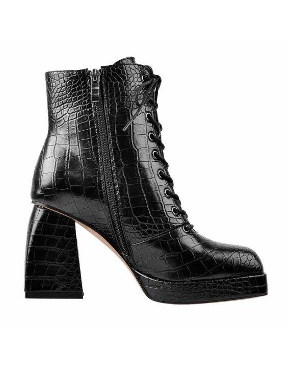 Black Square Chunky Heels Ankle Strap Platform Boots
