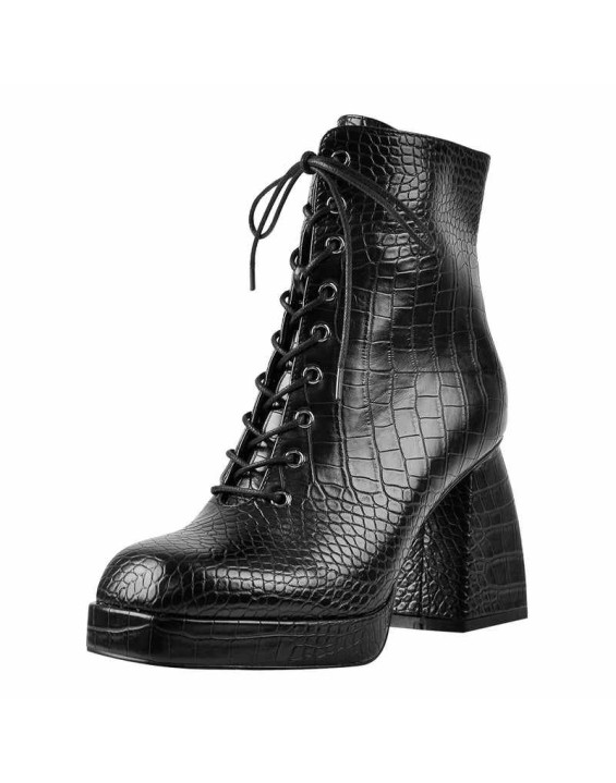 Black Square Chunky Heels Ankle Strap Platform Boots