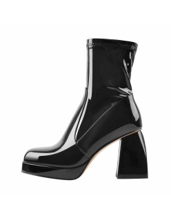 Black Patent Leather Square Chunky Heels Platform Ankle Boots