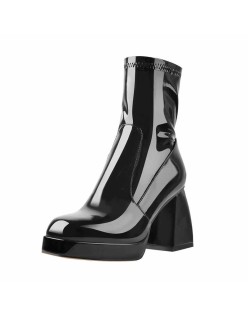 Black Patent Leather Square Chunky Heels Platform Ankle Boots