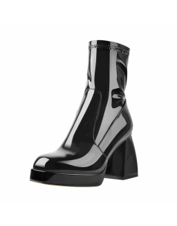 Black Patent Leather Square Chunky Heels Platform Ankle Boots