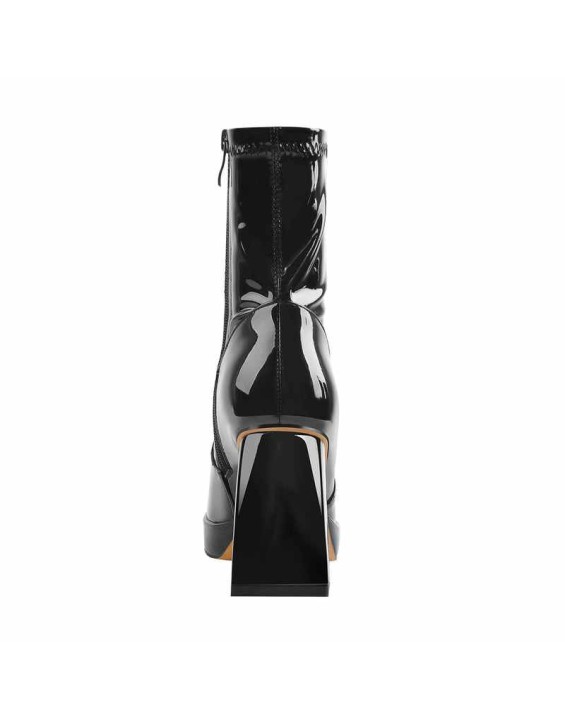 Black Patent Leather Square Chunky Heels Platform Ankle Boots