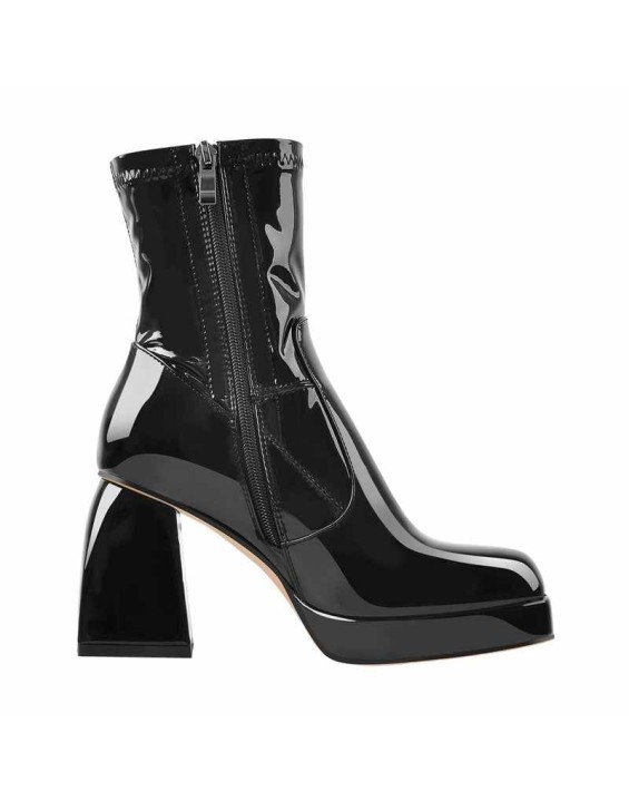 Black Patent Leather Square Chunky Heels Platform Ankle Boots