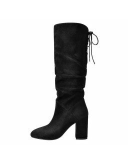 Black Suede Round Toe Chunky Heels Boots