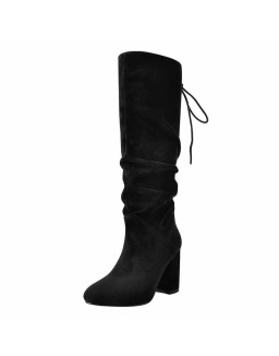 Black Suede Round Toe Chunky Heels Boots