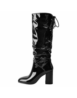 Black Patent Leather Chunky Heels Boots