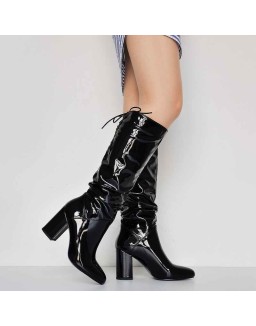 Black Patent Leather Chunky Heels Boots