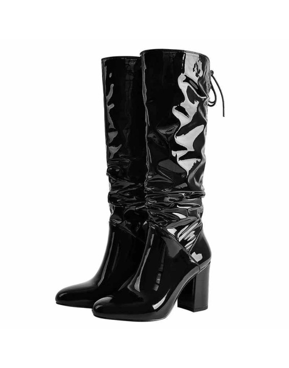 Black Patent Leather Chunky Heels Boots