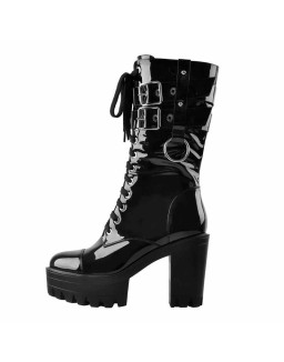 Black Platform Mid Calf Chunky High Heels Boots