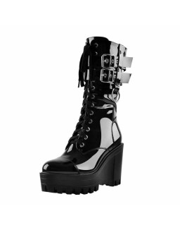 Black Platform Mid Calf Chunky High Heels Boots