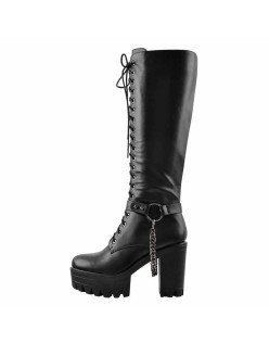 Black Platform Knee Chunky High Heels Boots