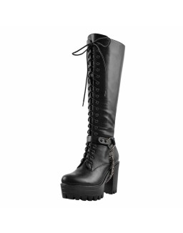 Black Platform Knee Chunky High Heels Boots