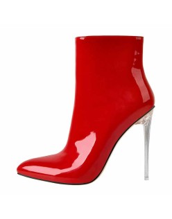 Red Patent Leather Clear Heel Ankle Boots