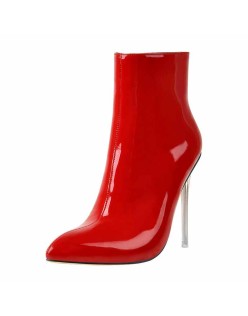 Red Patent Leather Clear Heel Ankle Boots
