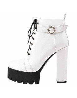 White Platform Chunky Heels Ankle Boots