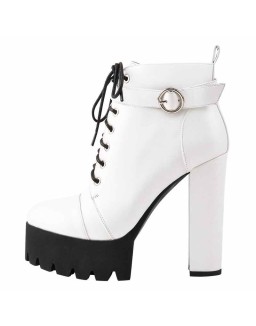 White Platform Chunky Heels Ankle Boots
