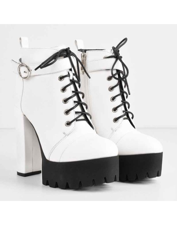 White Platform Chunky Heels Ankle Boots
