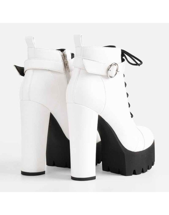 White Platform Chunky Heels Ankle Boots