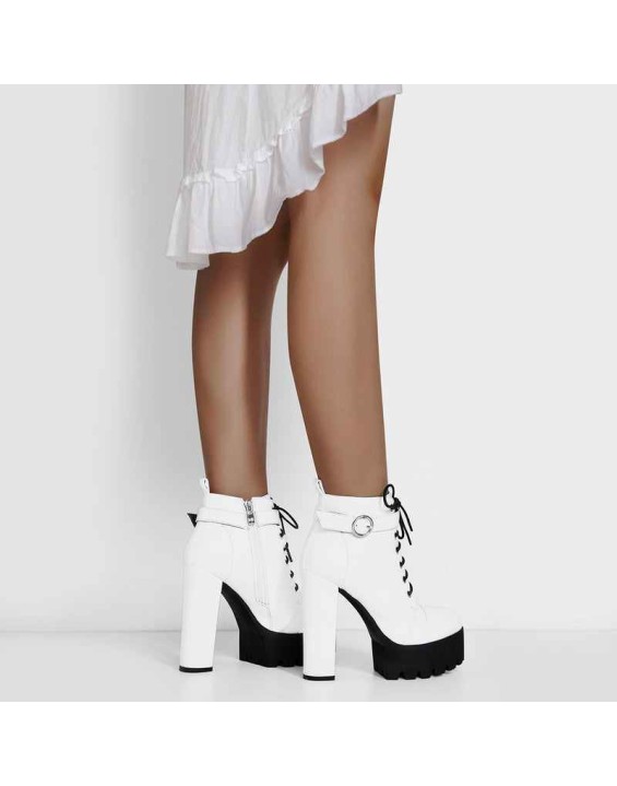 White Platform Chunky Heels Ankle Boots