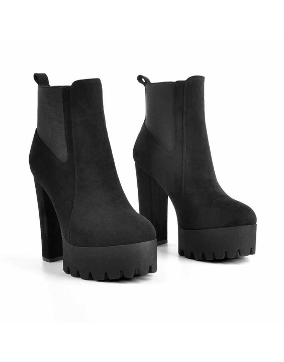 Black Suede Chunky High Heel Ankle Boots