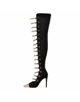 Metal Chain Pointed Toe Over The Knee High Boots