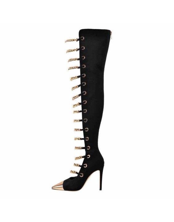 Metal Chain Pointed Toe Over The Knee High Boots