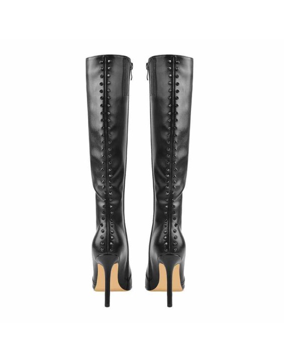 Rivet Pointed Toe Stiletto Knee High Boots