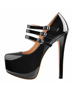 15cm Platform Round Toe Patent Black High Heel Stiletto Pumps