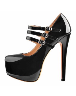 15cm Platform Round Toe Patent Black High Heel Stiletto Pumps