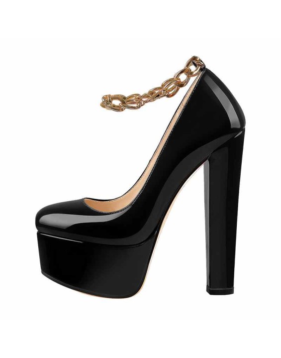 Black Round Toe Black Ankle Chain Platform Pumps