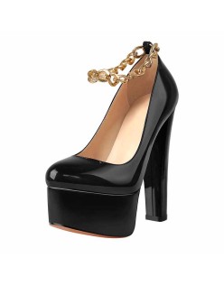 Black Round Toe Black Ankle Chain Platform Pumps