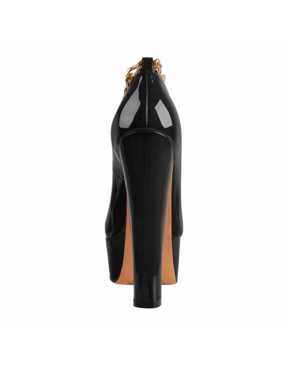 Black Round Toe Black Ankle Chain Platform Pumps