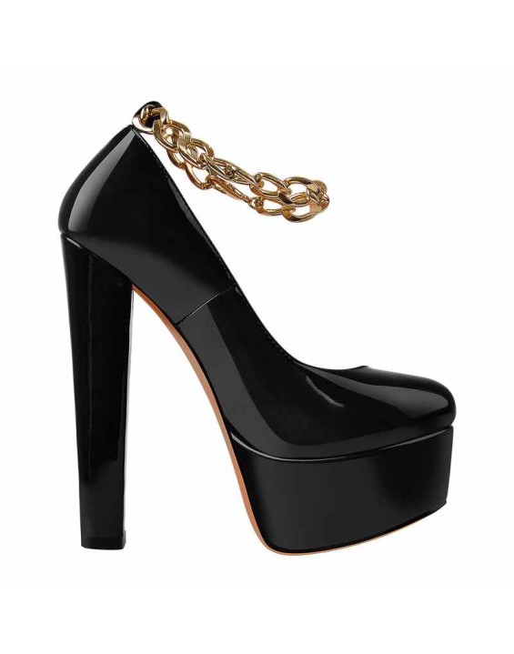 Black Round Toe Black Ankle Chain Platform Pumps