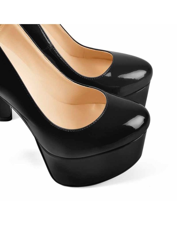 Black Round Toe Black Ankle Chain Platform Pumps
